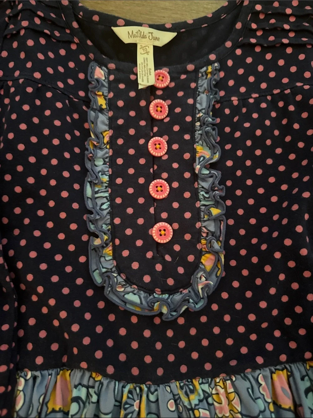 Matilda Jane Navy and Pink Polka Dot Top with Blue Floral Paisley Skirt